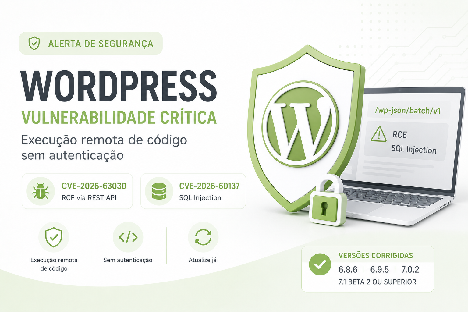 Vulnerabilidades críticas no WordPress permitem execução remota de código sem autenticação – CVE-2026-63030 e CVE-2026-60137